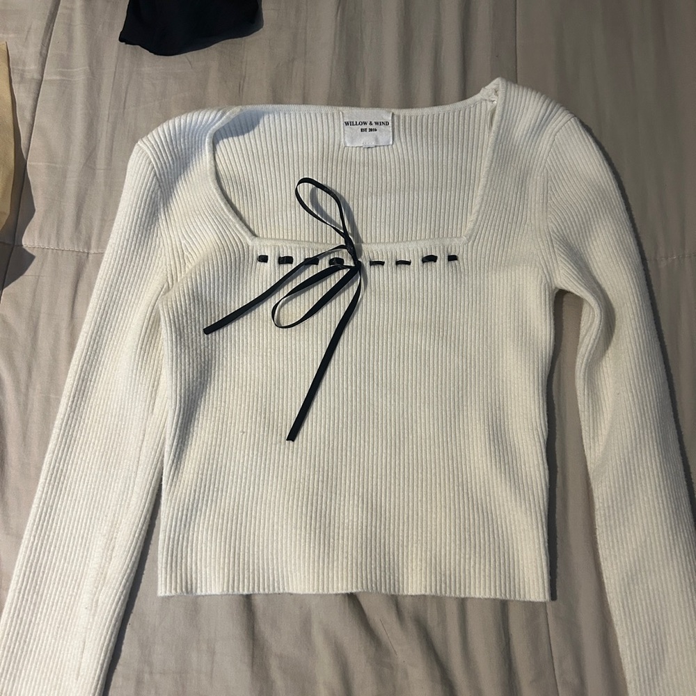 white ribbed long sleeve with ribbons